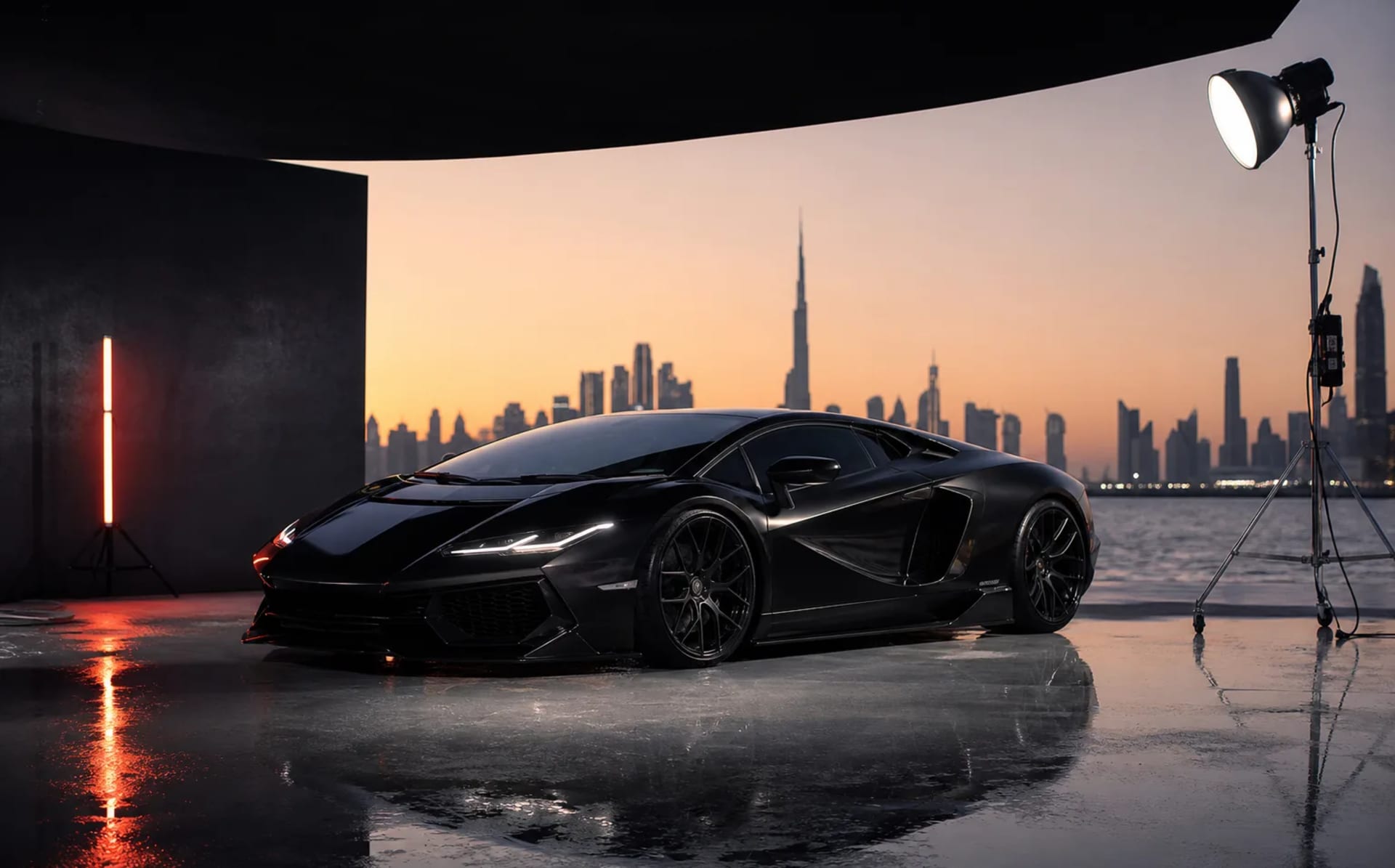Exotic car silhouette in a Dubai-inspired photoshoot setting
