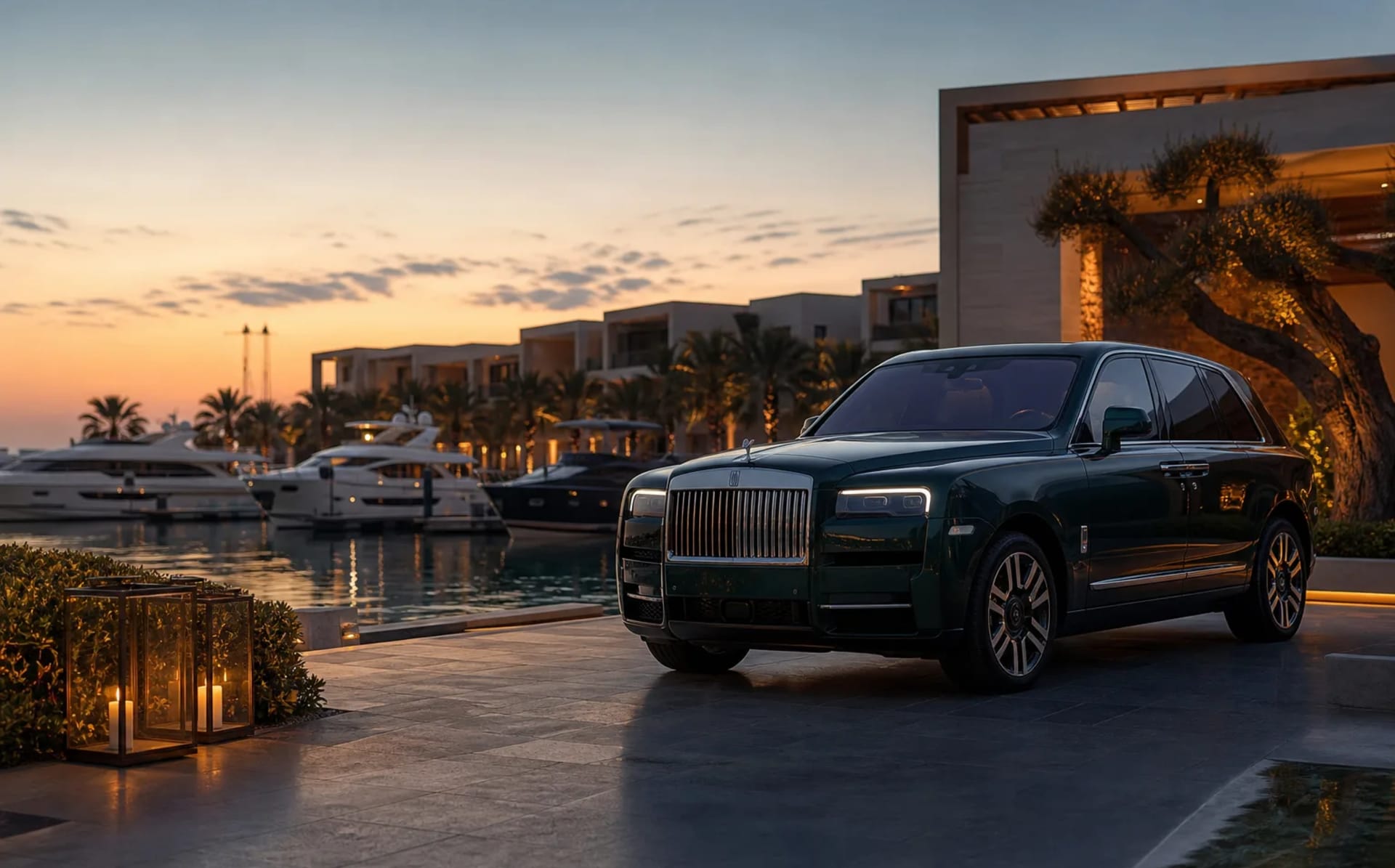 Rolls-Royce SUV arriving at Bulgari Resort Dubai marina entrance