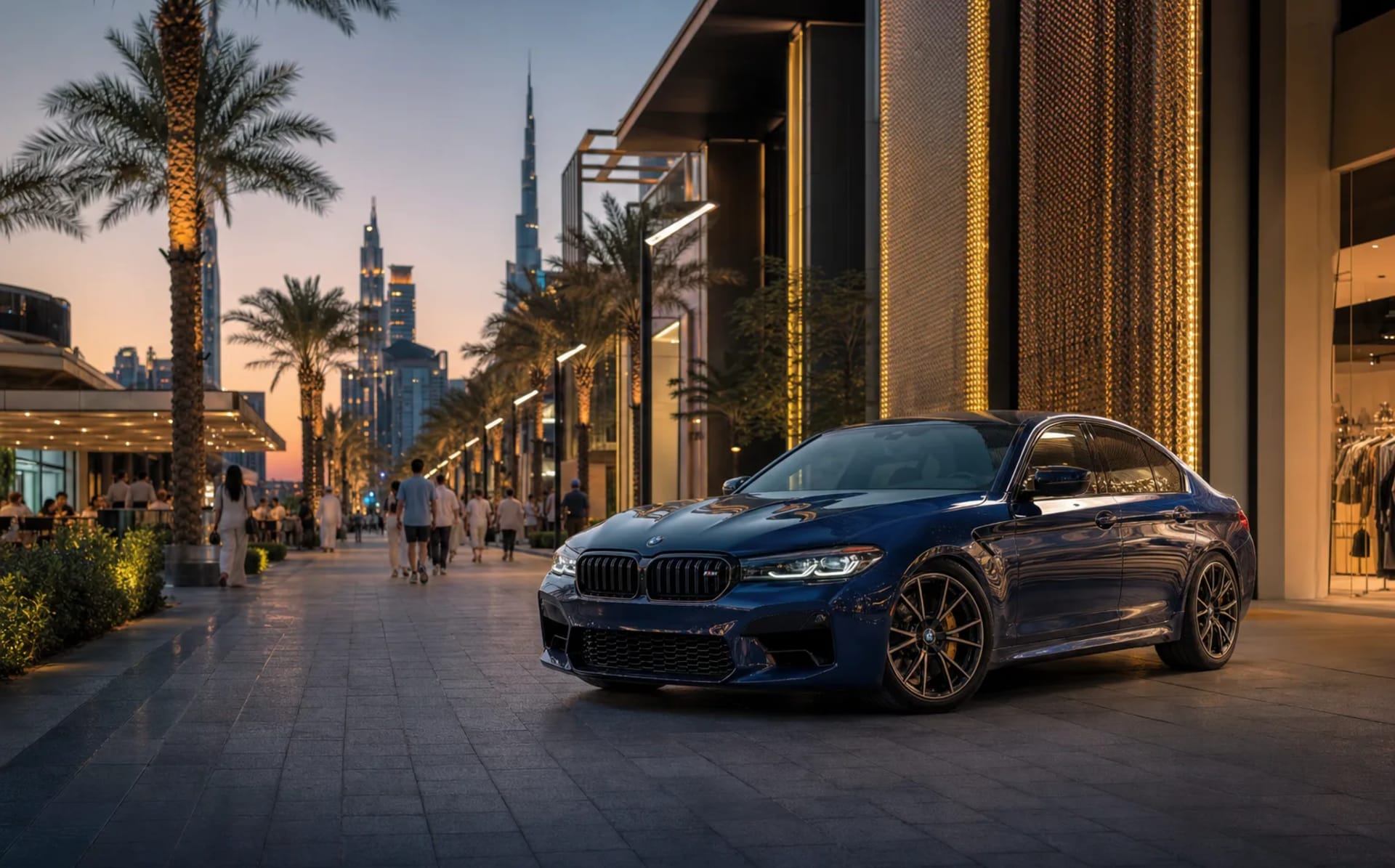 BMW M5 at City Walk Dubai pedestrian boulevard and retail district
