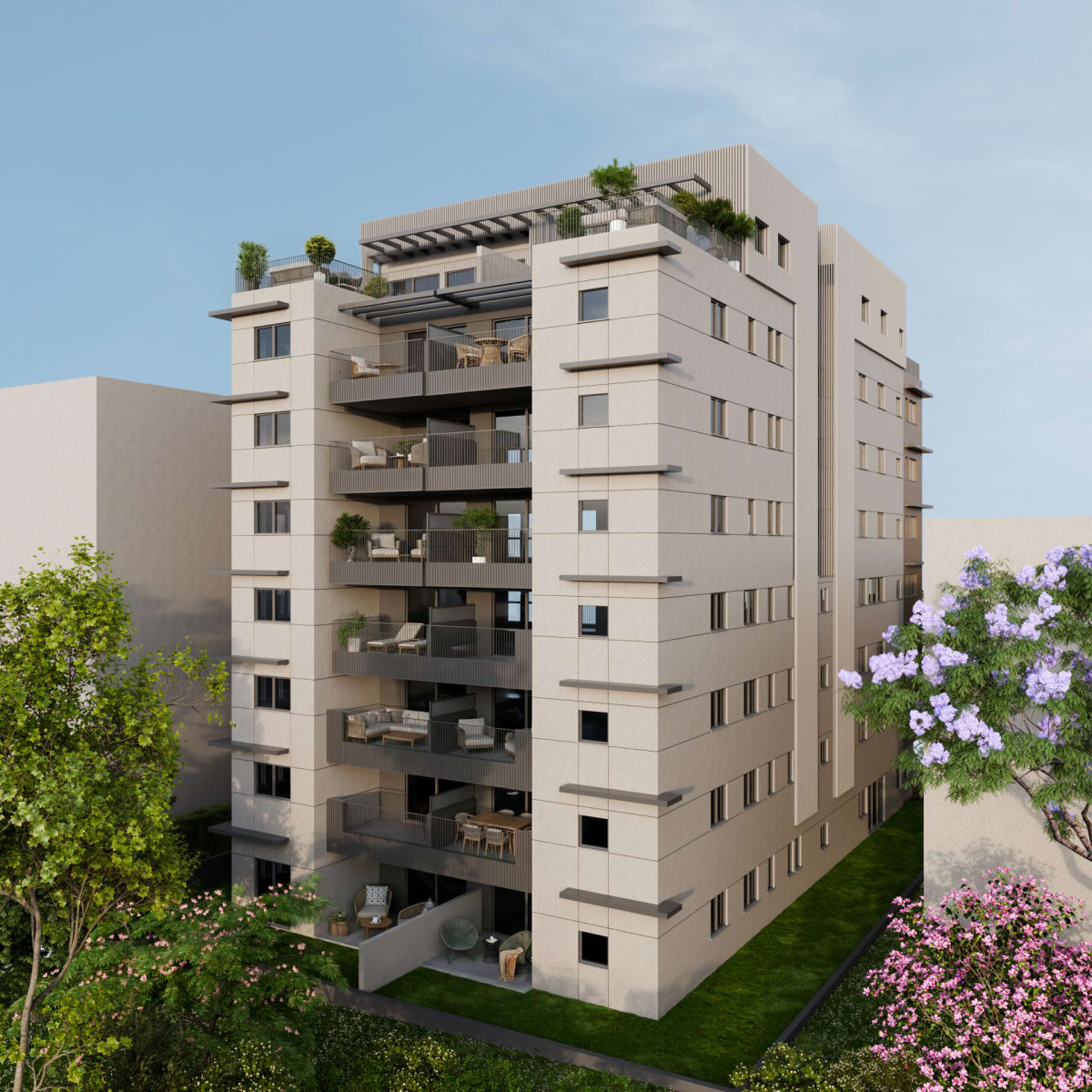 הדמיה להתחדשות עירונית - בניין חדש בתוך רקמה בנויה קיימת