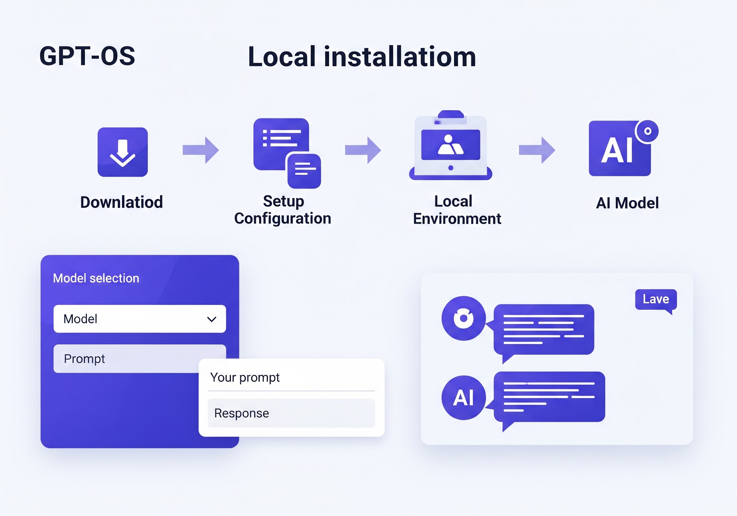 A graphic illustrating the workflow of GPT-OS, from local installation to AI model execution.