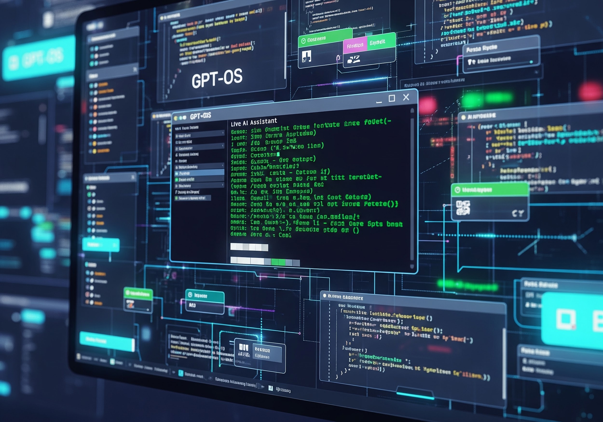 A computer screen displaying the GPT-OS interface, with code snippets and a terminal window.