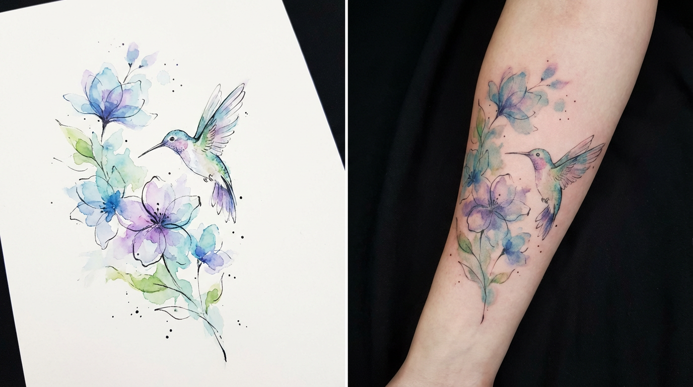 Watercolor ngq9k9 tattoo by Darwin Enriquez NYC. realism-tattoo-arm