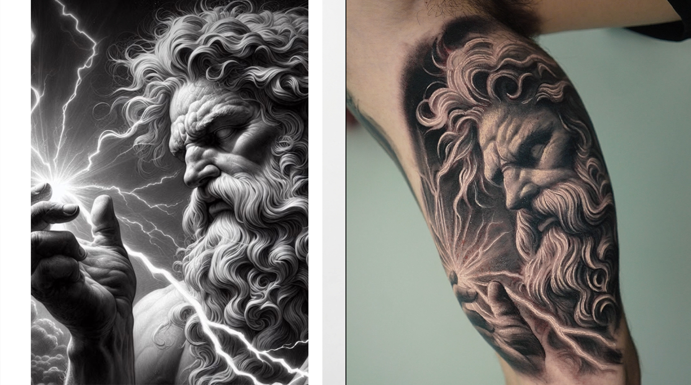 darwin tattoo greek god vcuntm tattoo by Darwin Enriquez NYC. realism-tattoo-arm