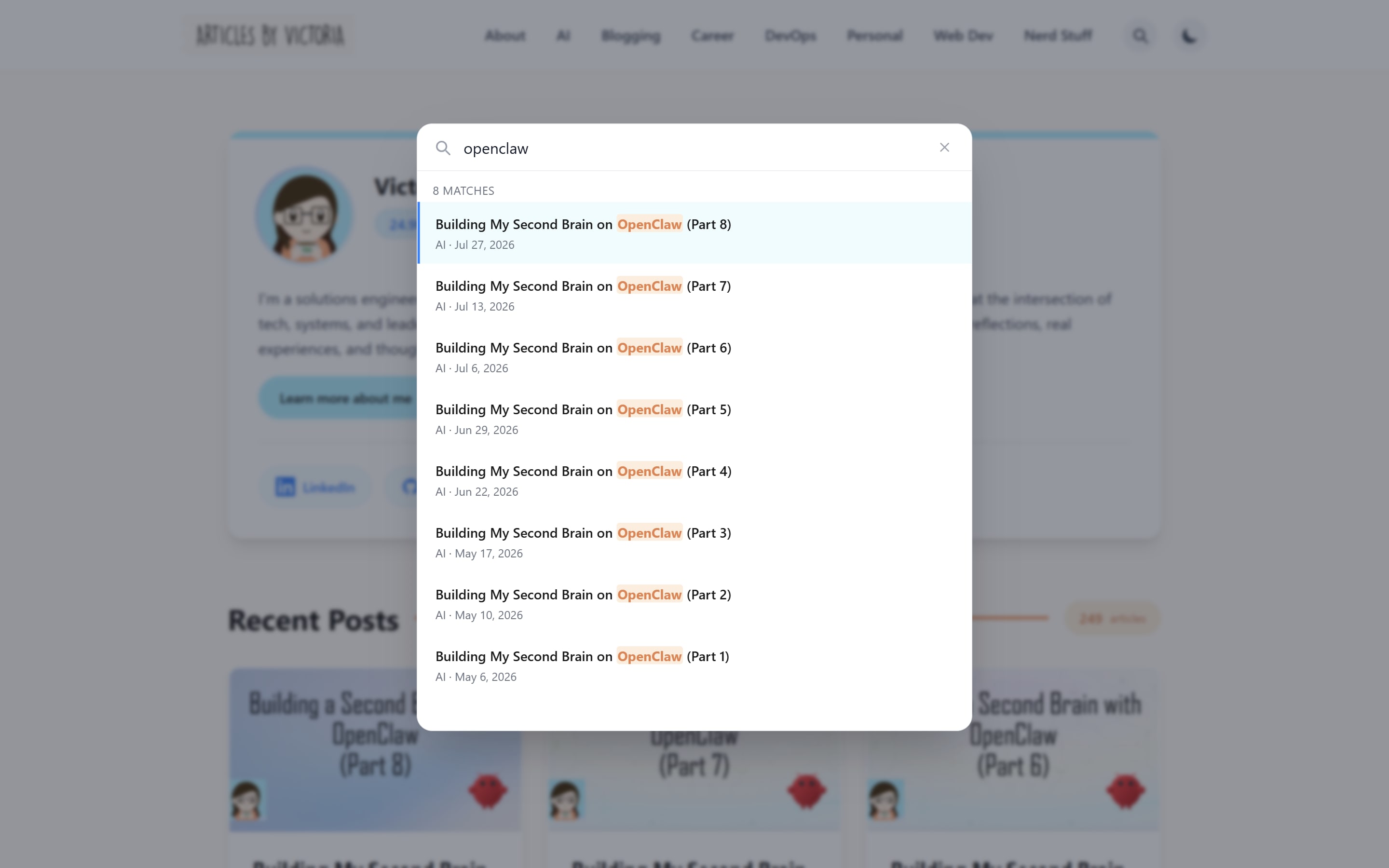 The header search overlay open over the homepage, showing 8 matching OpenClaw articles with the matched term highlighted in each title