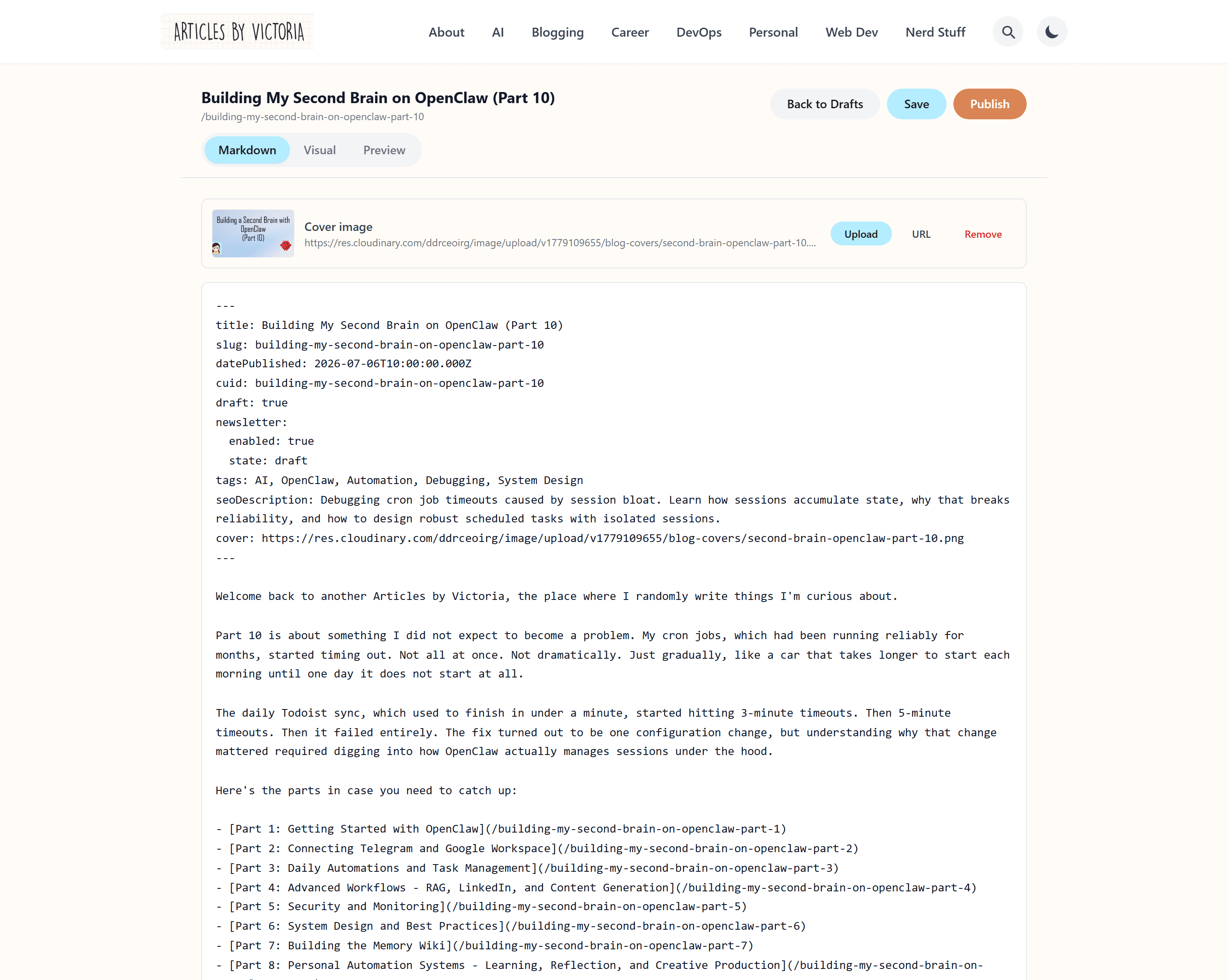 The editor in Markdown mode, showing the raw frontmatter of a draft including draft: true and the nested newsletter block, with a cover image row above it