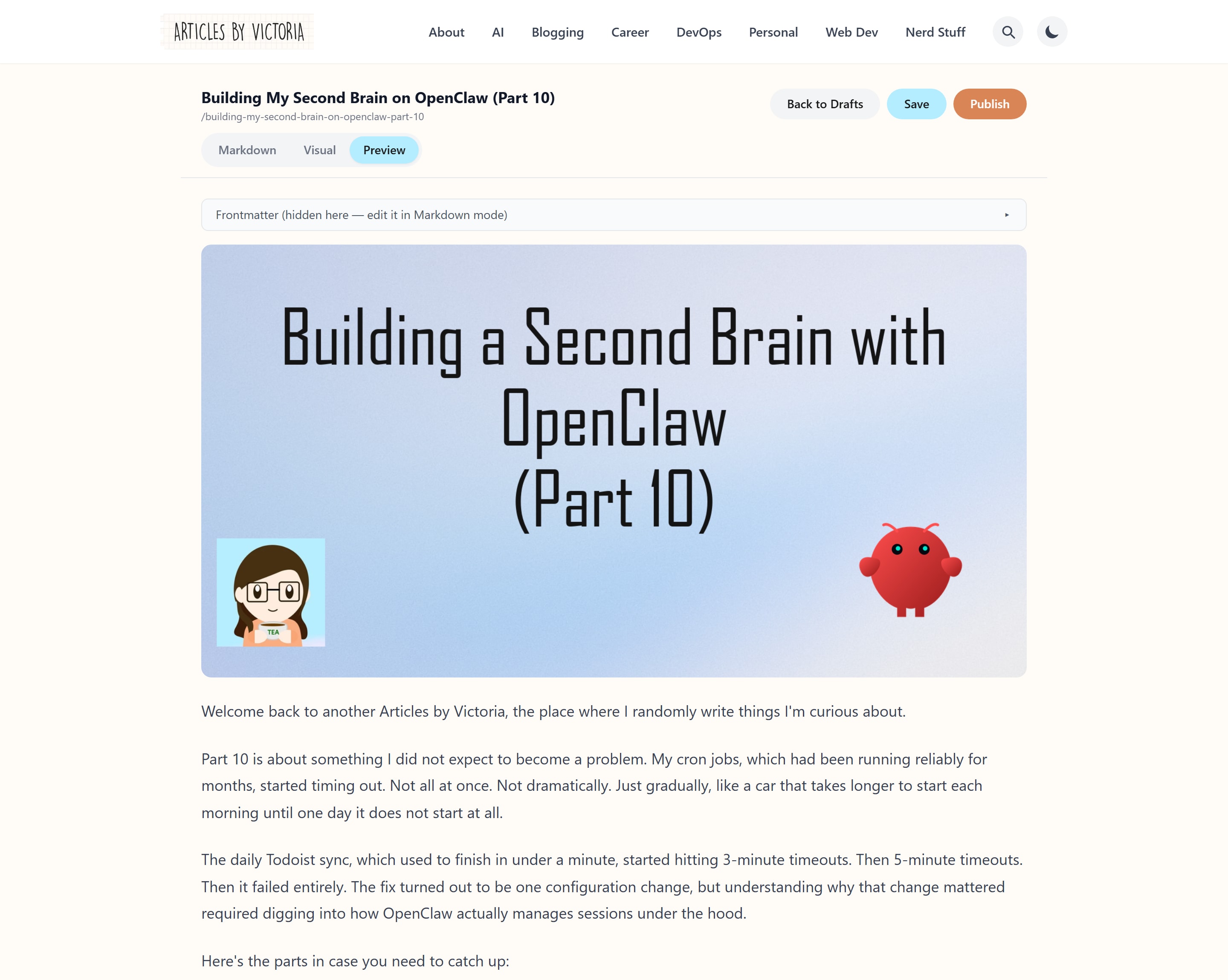 The same draft in Preview mode, rendered exactly as the published article with its cover image and body text, with the frontmatter collapsed into a single row