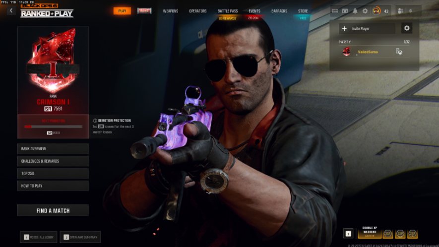 BO6 Crimson Rank SR 7500+ Dark Matter Camo Prestige 3 – Level 55 600+ Camos 18 Meta Operators Ranked Ready Full Access Linkable to All