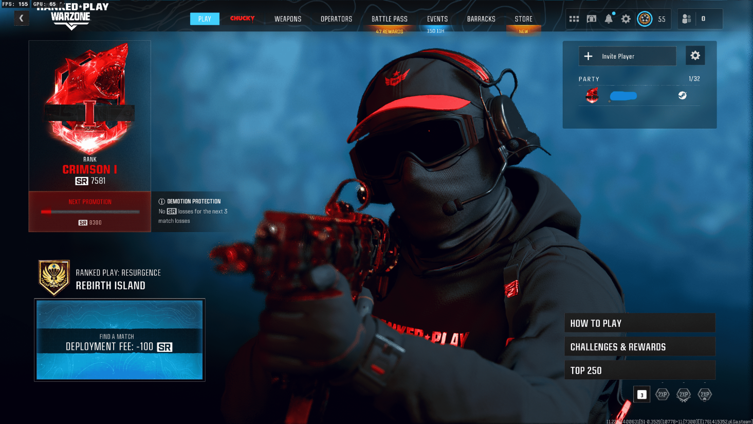 🔥 WZ4 Rebirth 🔥 Resurgence Crimson SR 7589 S6 | 2 Meta Guns Maxed | Level 55 🛡️ Crimson Ranked Ops 🎮 Full Access ⚡ Resurgence Mode 🌟 PC/XBOX/PSN🌟 Crimson