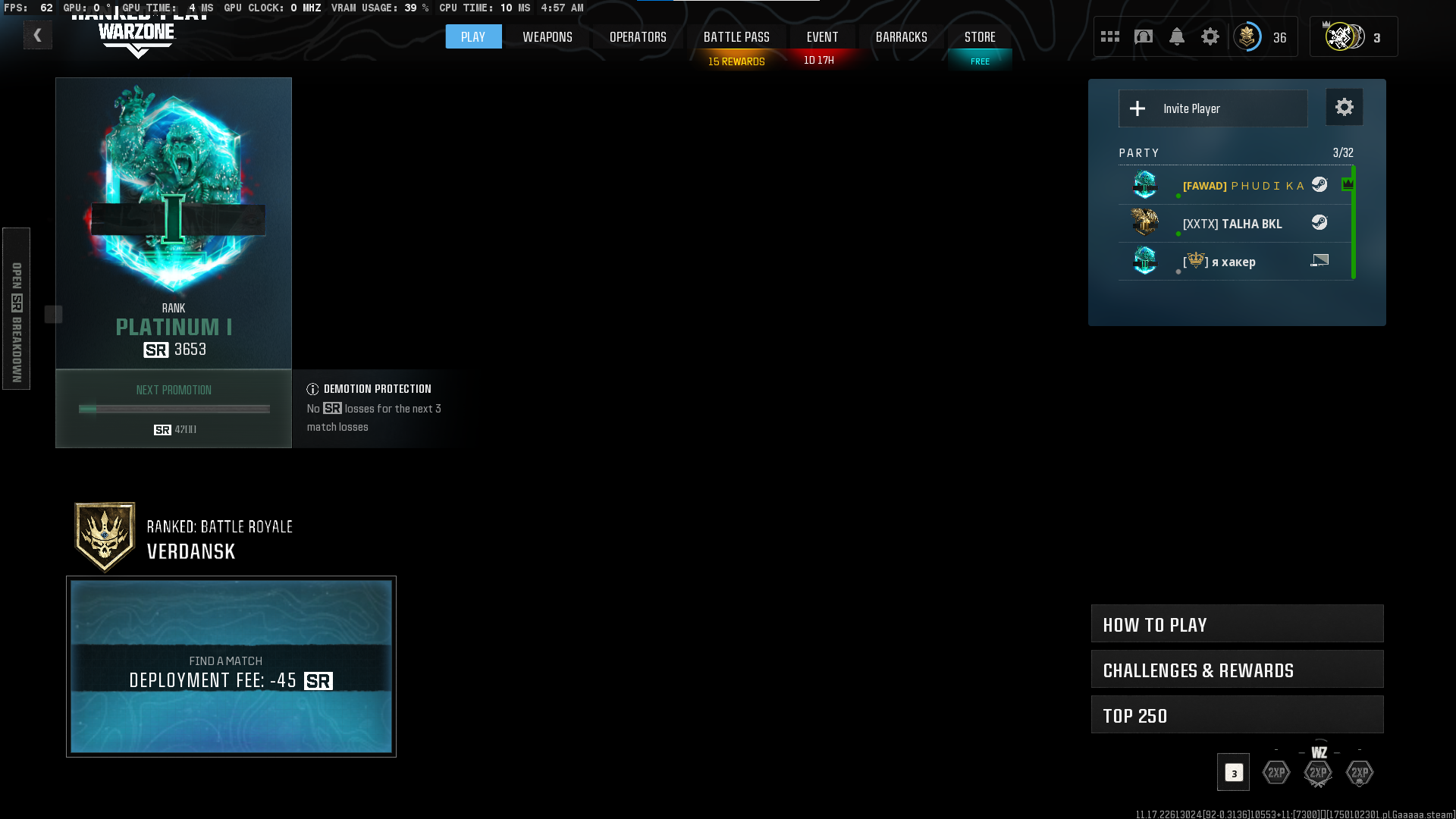 💠 WZ4 🥇 Platinum 1 Rank – Season 4 🗺️ Verdansk Map 👤 Level 35 👥 18 Operators + Platinum Ranked Skins 🔐 Full Access 🔗 Linkable: Steam • BNet • PSN • Xbox