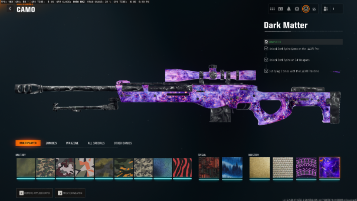 【🧬 BO6 / WZ4🧬】【 33/33 Dark Matter Camo 】✨ 100% Legit✨ Level 55 + Prestige 1 ⚡ Dark Matter Legit Unlocked on all 33 Black Ops 6 Guns ☄ Linkable PC/XBOX/PSN