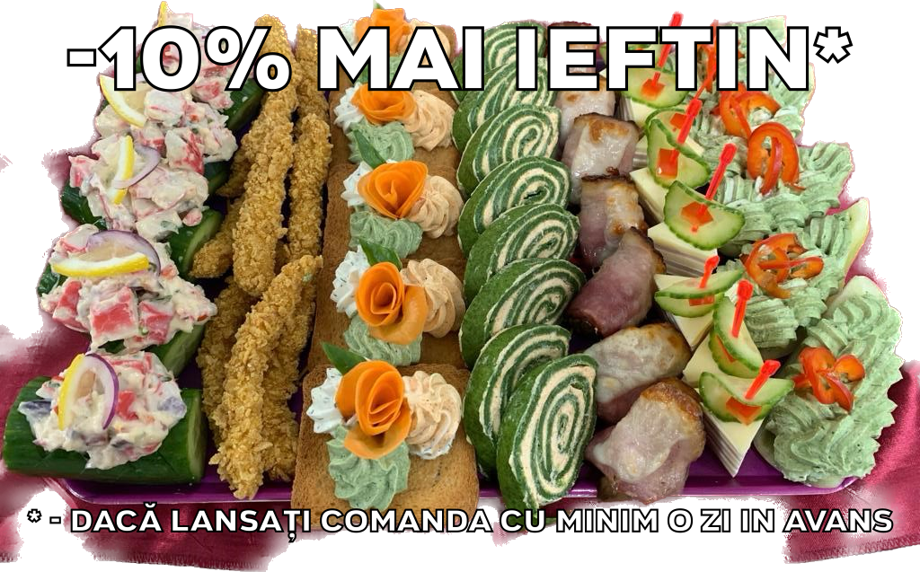 Platou dreptunghiular 20 - contine barcuta din castravete cu salata de surimi (5 buc), gujoane din pui/porc crocante (9 buc), tartine cu crema de branza tricolora (5 buc), rulada din spanac cu crema de banza picanta (8 buc), ficatei de pui cu bacon (7 buc), dobos (8 buc), barcute de ardei cu crema de branza cu spanac (5 buc) - recomandare de consum 4-5 persoane - 225 lei. Pretul afisat este cel cu reducerea de 10% aplicata.