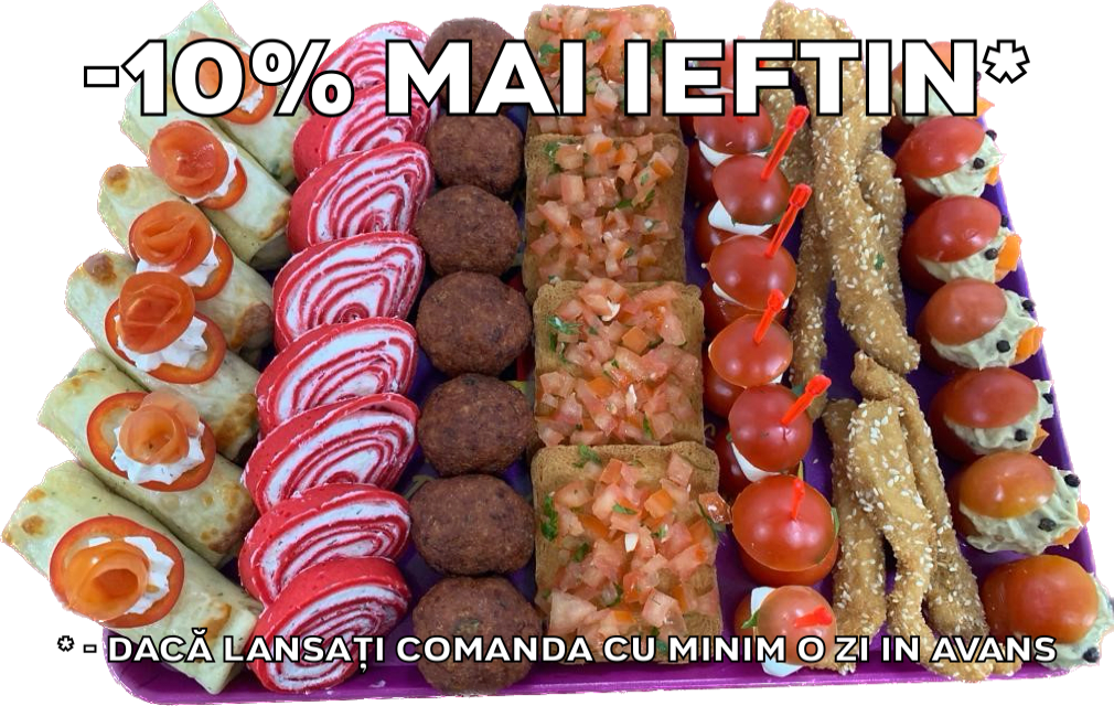 Platou dreptunghiular 03 - contine clatite de pui gratinate (6 buc), rulada de sfecla rosie cu crema de branza (8 buc), chiftelute de pui/porc (7 buc), bruschete (5 buc), frigarui capresse (8 buc), gujoane pesmet cu susan de pui/porc (9 buc), rosii cherry cu vinete (7 buc) - recomandare de consum 4-5 persoane - 208 lei. Pretul afisat este cel cu reducerea de 10% aplicata.