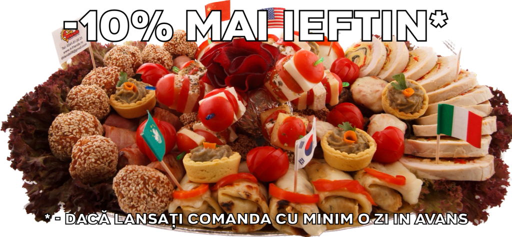 Platou oval 10 - contine rulada de pui, clatite de pui gratinate, chiftelute de pui/porc cu susan, ciuperci cu/fara bacon gratinate, ficatei de pui cu bacon, frigarui de rosii cherry cu telemea de vaca, cosulete cu vinete, rosii cherry. Platou mic (3-4 persoane) 170 lei, platou mediu (5-6 persoane) 236 lei, platou mare (7-8 persoane) 302 lei. Pretul afisat este cel cu reducerea de 10% aplicata.