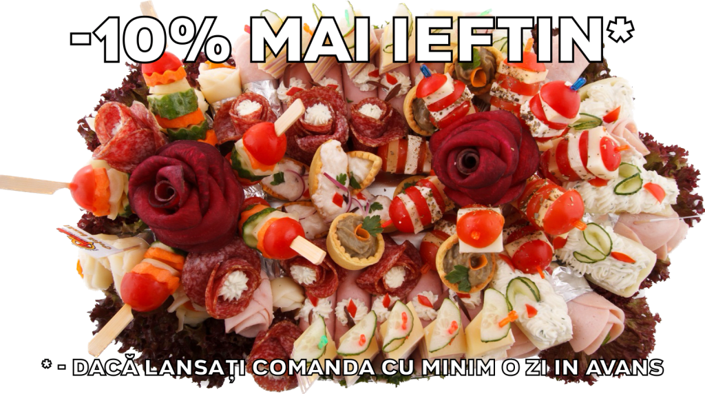 Platou oval 4 - contine rulou de sunca presata cu salata de cruditati, dobos, barcuta de ardei cu crema de branza, cosulete cu vinete, cosulete cu icre de crap, frigarui de legume, frigarui de rosii cherry cu cascaval, flori din salam crud uscat, flori din cascaval, flori din sunca presata. Platou mic (3-4 persoane) 180 lei, platou mediu (5-6 persoane) 245 lei, platou mare (7-8 persoane) 321 lei. Pretul afisat este cel cu reducerea de 10% aplicata.