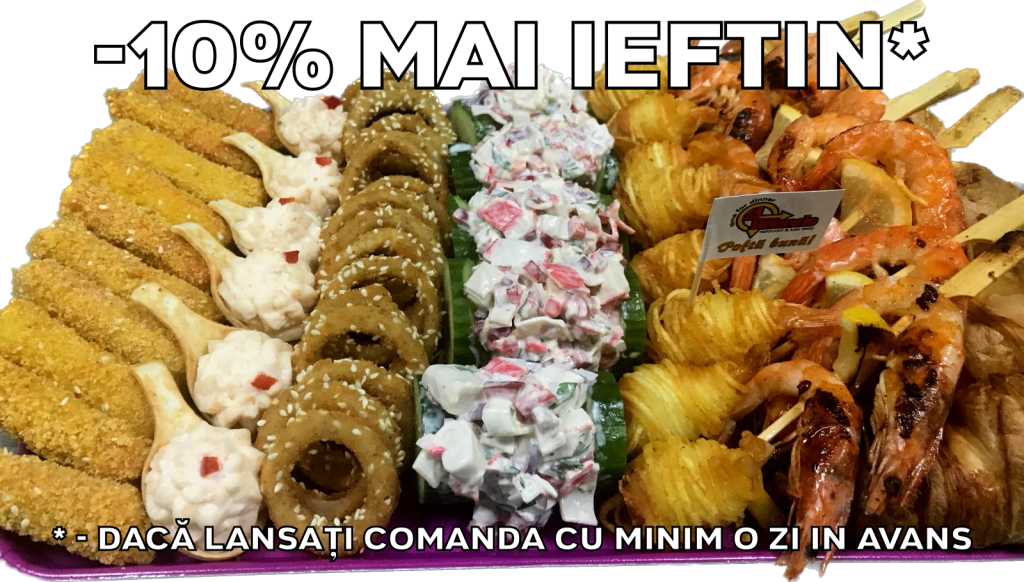 Platou dreptunghiular 27 - contine croissant cu crema de branza si somon fume (5 buc), frigarui cu creveti (7 buc), creveti in cartofi (8 buc), barcuta din castravete cu salata de surimi (5 buc), inele de ceapa cu susan (15 buc), cosulete cu icre de crap (6 buc), surimi crocant (9 buc) - recomandare de consum 4-5 persoane - 288 lei. Pretul afisat este cel cu reducerea de 10% aplicata.