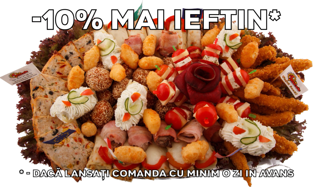 Platou oval 6 - continebulete de cascaval, degetele de pui/porc crocante, chiftelute de pui/porc cu susan, clatite de pui gratinate, frigarui de rosii cherry cu telemea de vaca, chec aperitiv de pui, barcuta de ardei cu crema de branza, ficatei de pui cu bacon. Platou mic (3-4 persoane) 184 lei, platou mediu (5-6 persoane) 251 lei, platou mare (7-8 persoane) 308 lei. Pretul afisat este cel cu reducerea de 10% aplicata.