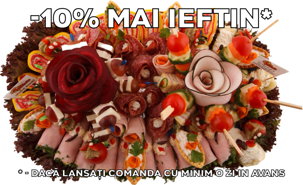 Platou oval 18 - contine rulou de sunca presata cu salata de cruditati, rulada cu crema de branza, barcuta de ardei cu crema de branza, cosulete cu icre de crap, rosii cherry cu vinete, frigarui de legume proaspete, frigarui de strugure cu cascaval, dobos , flori din salam crud uscat, flori din sunca presata. Platou mic (3-4 persoane) 189 lei, platou mediu (5-6 persoane) 255 lei, platou mare (7-8 persoane) 316 lei. Pretul afisat este cel cu reducerea de 10% aplicata.