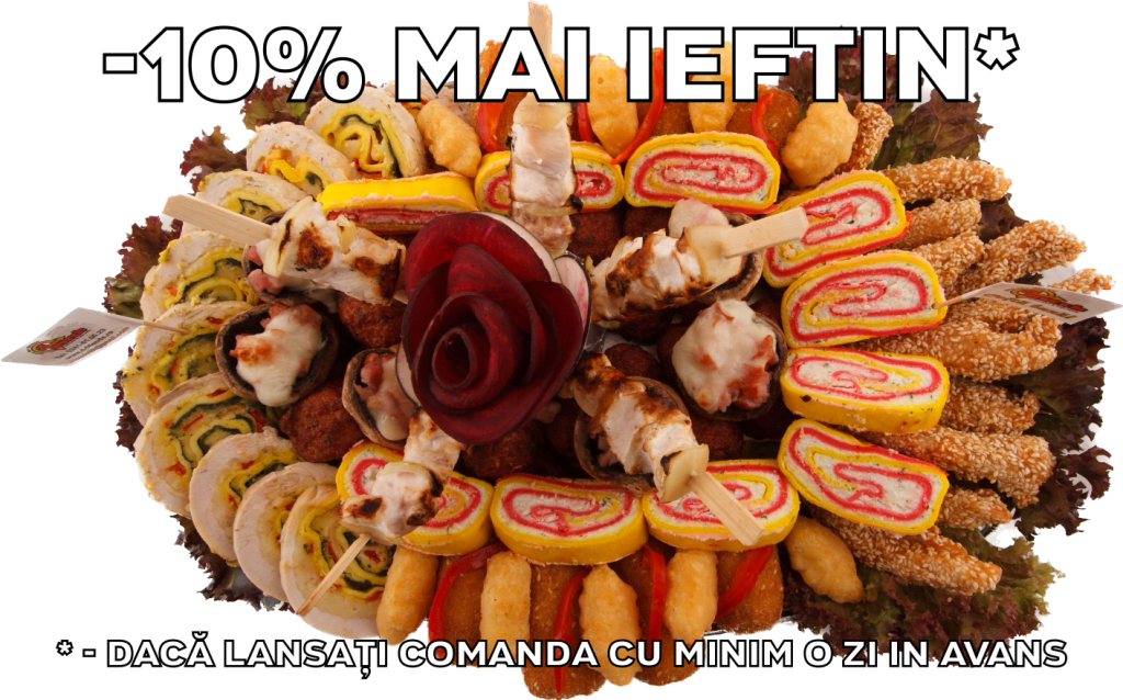 Platou oval 17 - contine bulete de cascaval, degetele de pui/porc cu susan, chiftelute de pui/porc, miniGordon bleu de pui/porc, rulada de pui, rulada cu crema de branza, frigarui de pui/porc, ciuperci cu/fara bacon gratinate. Platou mic (3-4 persoane) 184 lei, platou mediu (5-6 persoane) 245 lei, platou mare (7-8 persoane) 312 lei. Pretul afisat este cel cu reducerea de 10% aplicata.