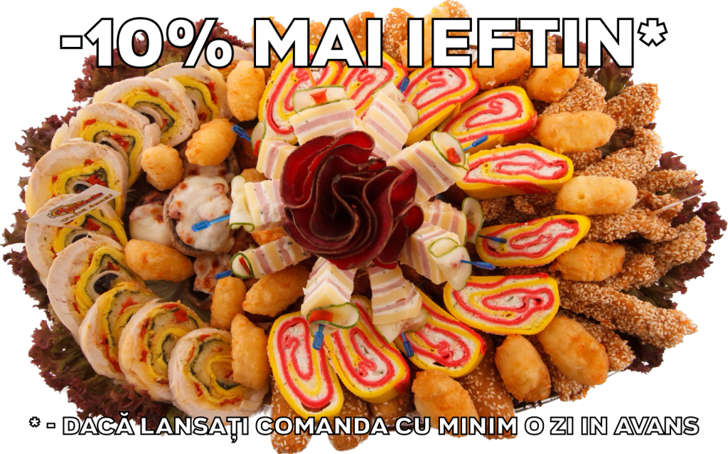 Platou oval 5 - contine bulete de cascaval, degetele de pui/porc cu susan, chiftelute de pui/porc cu susan, crochete de cartofi, dobos, rulada de pui, rulou cu crema de branza, ciuperci cu/fara bacon gratinate. Platou mic (3-4 persoane) 170 lei, platou mediu (5-6 persoane) 236 lei, platou mare (7-8 persoane) 302 lei. Pretul afisat este cel cu reducerea de 10% aplicata.