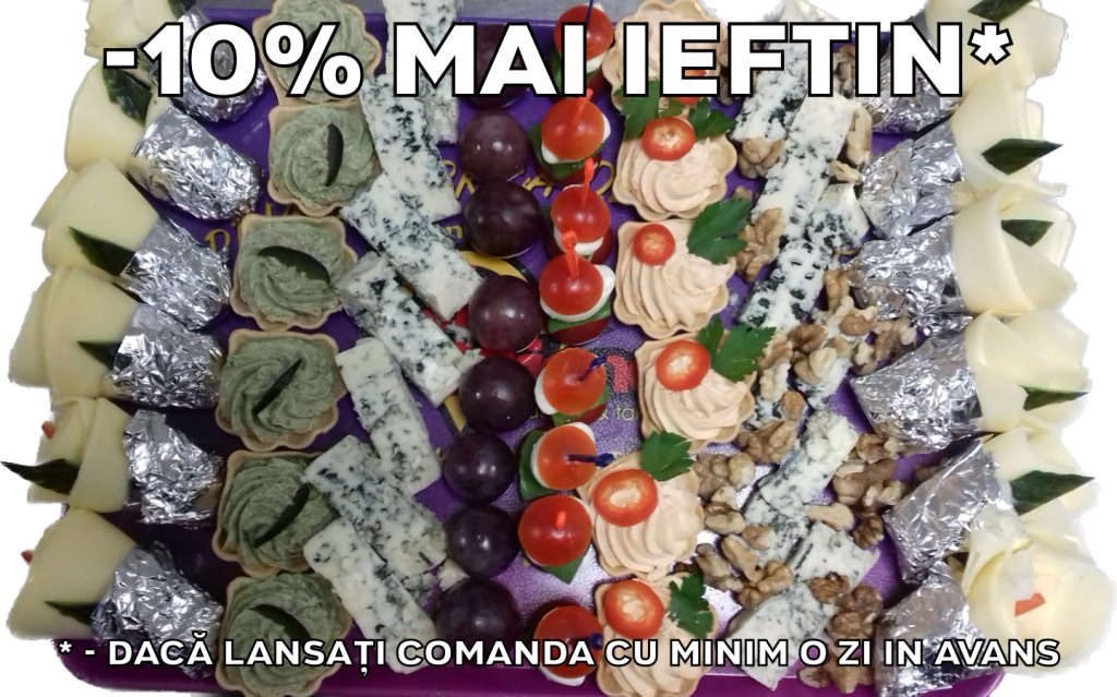 Platou dreptunghiular 11 - contine flori din cascaval (6 buc), cosulete cu crema de branza cu spanac (6 buc), blue cheese (50g), boabe de strugure (50g), frigarui capresse (8 buc), cosulete cu crema de branza picanta (6 buc), blue cheese (50g), nuca (50g), flori din cascaval (6 buc) - recomandare de consum 4-5 persoane - 243 lei. Pretul afisat este cel cu reducerea de 10% aplicata.