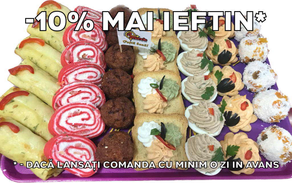 Platou dreptunghiular 04 - contine clatite pui gratinate, rulada sfecla rosie cu crema de branza cu somon, chiftelute de pui/porc, tartine cu crema branza tricolora, oua umplute, cosulete crema branza picanta, bile crema branza cu fructe confiate - recomandare de consum 4-5 persoane - 222 lei. Pretul afisat este cel cu reducerea de 10% aplicata.