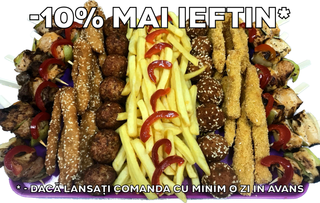 Platou dreptunghiular 25 - contine frigarui de pui/porc (6 buc), degetele de pui crocante (9 buc), chiftelute de pui/porc cu susan (7 buc), cartofi prajiti (350g), chiftelute de pui/porc (7 buc), degetele de pui/porc cu susan (9 buc), frigarui de pui/porc (6 buc) - recomandare de consum 4-5 persoane - 208 lei. Pretul afisat este cel cu reducerea de 10% aplicata.