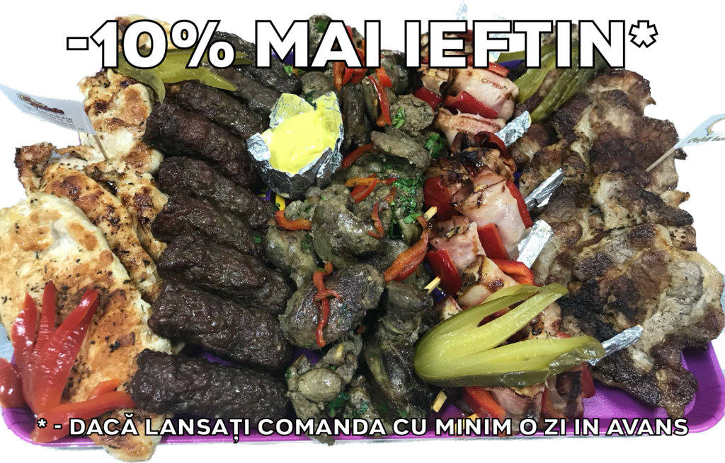 Platou dreptunghiular 23 - contine piept de pui la gratar (350g), mici (8 buc), mustar (50g), ficatei de pui la tigaie (400g), frigarui de pui cu bacon (6 buc), ceafa de porc la gratar (350g), muraturi in otet (castravete si gogosar) (100g) - recomandare de consum 4-5 persoane - 225 lei. Pretul afisat este cel cu reducerea de 10% aplicata.