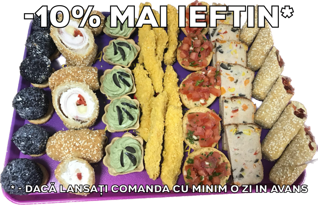 Platou dreptunghiular 07 - contine bile din crema de branza cu mac (6 buc), minigordon bleu de pui/porc (6 buc), cosulete cu  vinete (5 buc), gujoane crocante de pui/porc (9 buc), bruschete (5 buc), chec aperitiv de pui (6 felii), cascaval pane baghete (6 buc) - recomandare de consum 4-5 persoane - 198 lei. Pretul afisat este cel cu reducerea de 10% aplicata.