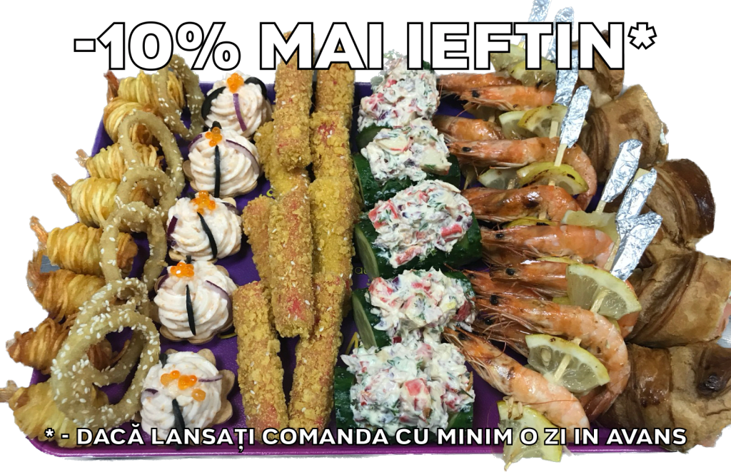 Platou dreptunghiular 16 - contine creveti in cartof (8 buc), inele de ceapa cu susan (8 buc), cosulete cu icre crap si somon (5 buc), surimi crocante (9 buc), barcuta din castravete cu salata de surimi (5 buc), frigarui cu creveti (7 buc), croissante cu somon fume (5 buc) - recomandare de consum 4-5 persoane - 279 lei. Pretul afisat este cel cu reducerea de 10% aplicata.