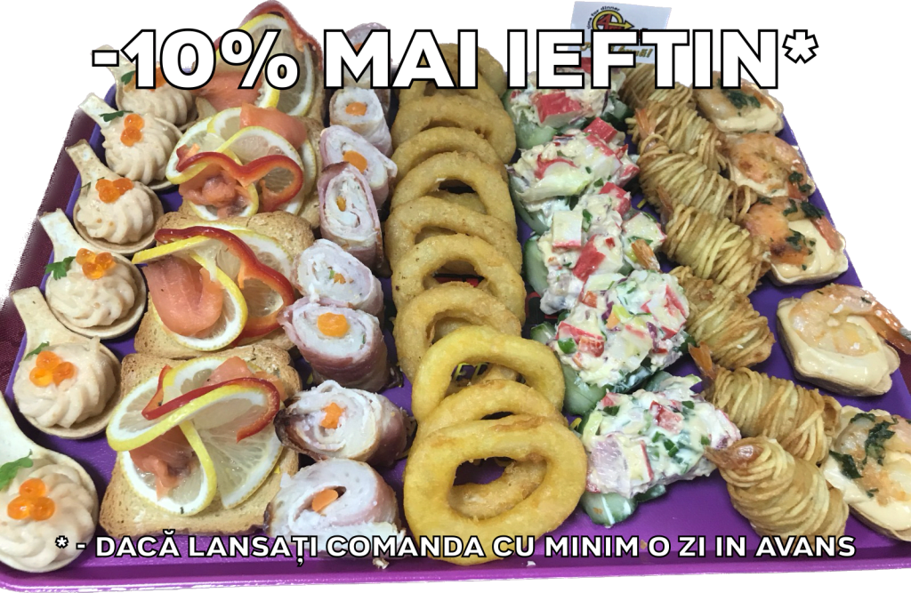 Platou dreptunghiular 17 - contine cosulete cu icre de crap si somon (6 buc), tartina cu somon fume (5 buc), rulou cu salau, bacon si legume (8 buc), inele de calamar pane (10 buc), barcuta din castravete cu salata de surimi (5 buc), creveti in cartof (7 buc), cosulete cu creveti si sos (5 buc) - recomandare de consum 4-5 persoane - 265 lei. Pretul afisat este cel cu reducerea de 10% aplicata.