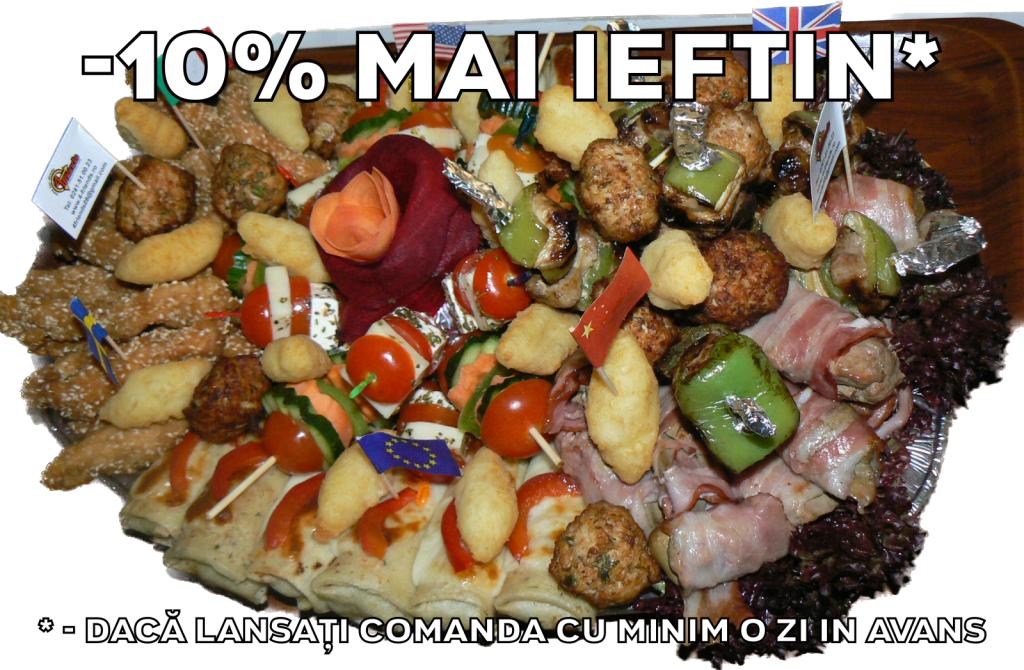 Platou oval 19 - contine bulete de cascaval, degetele de pui/porc cu susan, chiftelute de pui/porc, clatite de pui gratinate, ficatei de pui cu bacon, frigarui de pui/porc, frigarui de rosii cherry cu telemea de vaca, frigarui de legume proaspete. Platou mic (3-4 persoane) 184 lei, platou mediu (5-6 persoane) 251 lei, platou mare (7-8 persoane) 308 lei. Pretul afisat este cel cu reducerea de 10% aplicata.