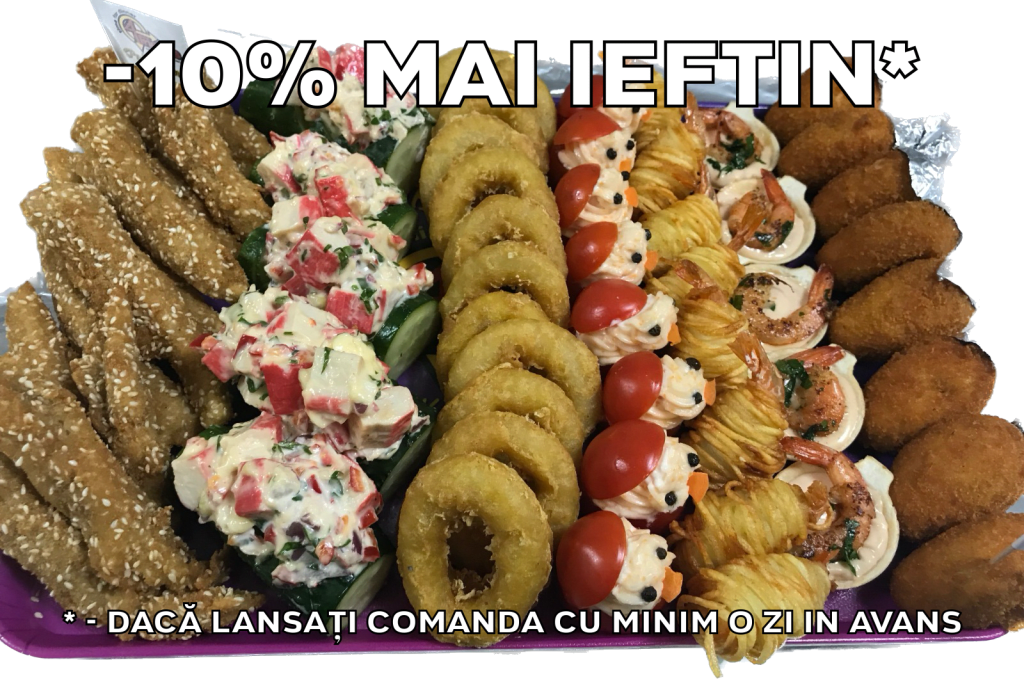 Platou dreptunghiular 18 - contine gujoane de salau cu susan (12 buc), barcuta din castravete cu salata de surimi (5 buc), inele de calamar pane (12 buc), rosii cherry cu icre crap (8 buc), creveti in cartofi (8 buc), cosulete cu creveti si sos (5 buc), muslitos (8 buc) - recomandare de consum 4-5 persoane - 270 lei. Pretul afisat este cel cu reducerea de 10% aplicata.