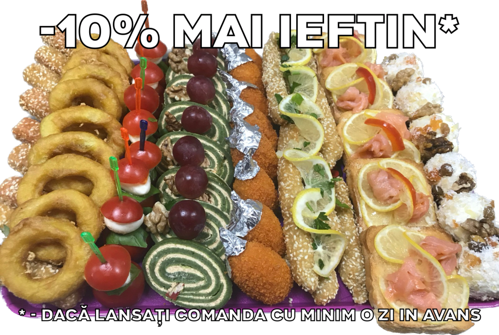 Platou dreptunghiular 14 - contine surimi cu susan (8 buc), inele de calamar pane (10 buc), frigarui capresse (8 buc), rulada cu spanac si crema de branza picanta (8 felii), struguri (50g), nuca (50g), muslitos (8 buc), gujoane de salau cu susan (9 buc), tartina cu somon fume (5 buc), bila din crema branza cu fructe confiate (6 buc) - recomandare de consum 4-5 persoane - 284 lei. Pretul afisat este cel cu reducerea de 10% aplicata.