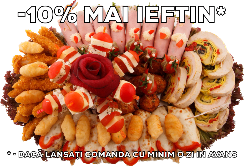 Platou oval 8 - contine bulete de cascaval, degetele de pui/porc crocante, chiftelute de pui/porc, clatite de pui gratinate, frigarui de rosii cherry cu cascaval, rulou de sunca presata cu salata de cruditati, rulada de pui, rosii cherry cu vinete. Platou mic (3-4 persoane) 180 lei, platou mediu (5-6 persoane) 245 lei, platou mare (7-8 persoane) 302 lei. Pretul afisat este cel cu reducerea de 10% aplicata.