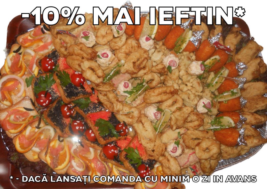 Platou oval 20 - contine midii pane, surimi pane cu susan, muslitos, inele calamar pane, gujoane de salau, tartine cu somon fume, tartine cu icre germane si daneze, cosulete cu icre de crap, sos cocktail. Platou mic (3-4 persoane) 222 lei, platou mediu (5-6 persoane) 289 lei, platou mare (7-8 persoane) 359 lei. Pretul afisat este cel cu reducerea de 10% aplicata.