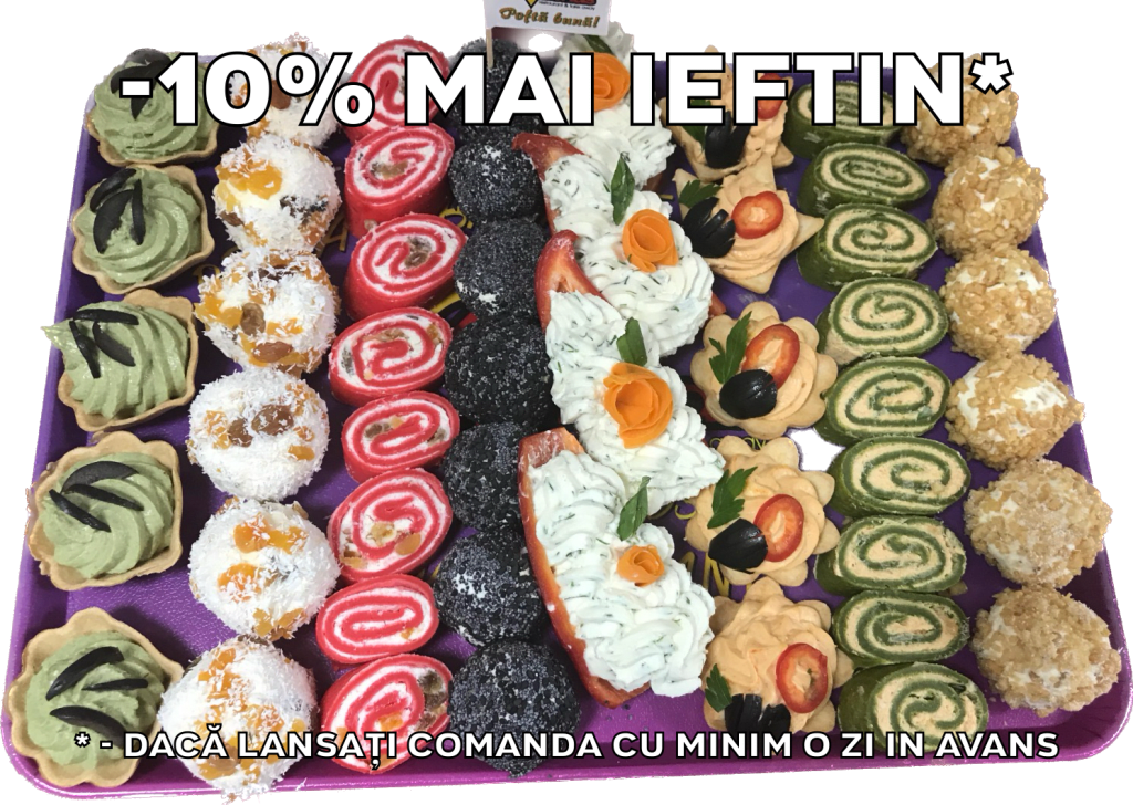 Platou dreptunghiular 10 - contine cosulete cu crema branza&spanac, bile din crema branza cu fructe confiate, rulada din sfecla rosie cu crema de branza&somon fume, bile din crema branza cu mac, barcuta din ardei cu crema branza, cosulete cu crema branza picanta, rulada cu spanac&crema branza picanta, bile din crema branza cu alune - recomandare de consum 4-5 persoane - 225 lei. Pretul afisat este cel cu reducerea de 10% aplicata.