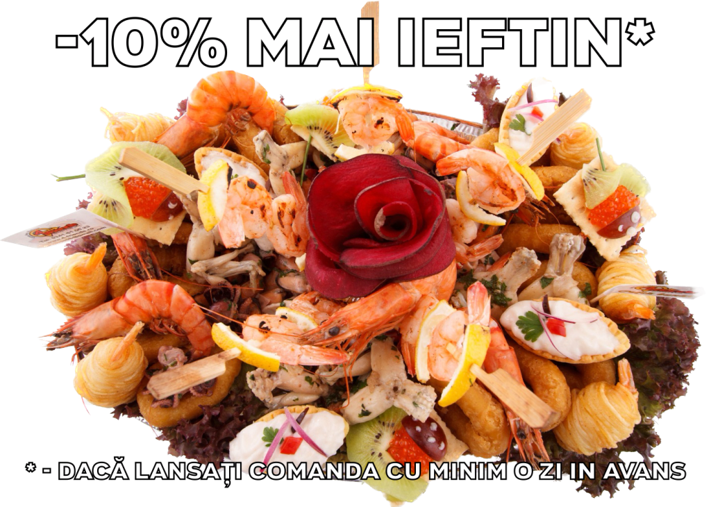 Platou oval 3 - contine midii in unt, frigarui cu creveti la gratar, creveti la gratar, baby caracatita, inele calamar pane, muslitos, cosulete cu icre de crap, cos cu icre de somon, pui de balta, sos cocktail. Platou mic (3-4 persoane) 245 lei, platou mediu (5-6 persoane) 302 lei, platou mare (7-8 persoane) 359 lei. Pretul afisat este cel cu reducerea de 10% aplicata.