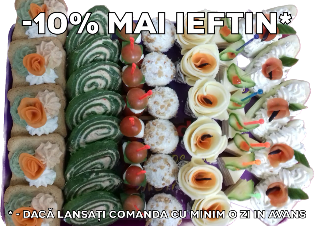 Platou dreptunghiular 09 - contine tartina cu crema de branza tricolora (5 buc), rulada de spanac cu crema de branza (8 felii), frigarui capresse (8 buc), bile din crema de branza cu alune (6 buc), flori din cascaval (6 buc), dobos (8 buc), barcute din ardei cu crema de branza (5 buc) - recomandare de consum 4-5 persoane - 230 lei. Pretul afisat este cel cu reducerea de 10% aplicata.