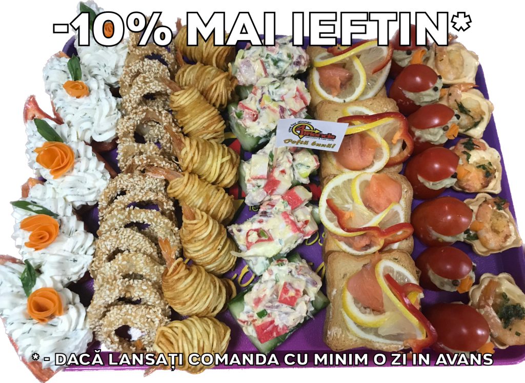 Platou dreptunghiular 19 - contine barcute de ardei cu crema de branza (5 buc), inele de ceapa cu susan (12 buc), creveti in cartofi (8 buc), barcuta din castravete cu salata de surimi (5 buc),  tartine cu somon fume (4 buc), rosii cherry cu vinete (7 buc), cosulete cu creveti si sos (5 buc) - recomandare de consum 4-5 persoane - 275 lei. Pretul afisat este cel cu reducerea de 10% aplicata.