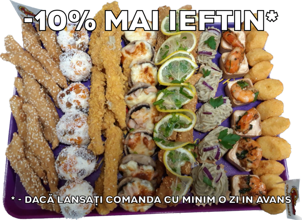 Platou dreptunghiular 15 - contine gujoane de pui/porc cu susan (9 buc), bila din crema de branza cu fructe confiate (6 buc), gujoane de pui/porc crocante (9 buc), ciuperci cu/fara bacon gratinate (8 buc), gujoane de salau cu susan (9 buc), cosulete cu vinete (5 buc), cosulete cu  creveti si sos (6 buc), bulete de cascaval (11 buc) - recomandare de consum 4-5 persoane - 207 lei. Pretul afisat este cel cu reducerea de 10% aplicata.