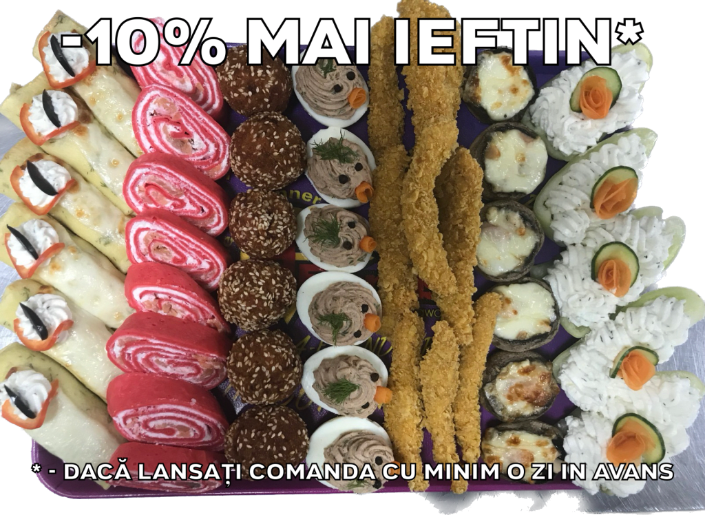 Platou dreptunghiular 06 - contine clatite de pui gratinate (6 buc), rulada de sfecla rosie cu crema branza cu somon fume (8 felii), chiftelute cu susan de pui/porc (6 buc), oua umplute (6 buc), gujoane crocante de pui/porc (9 buc), ciuperci cu/fara bacon gratinate (6 buc), barcute de ardei cu crema de branza (5 buc) - recomandare de consum 4-5 persoane - 194 lei. Pretul afisat este cel cu reducerea de 10% aplicata.