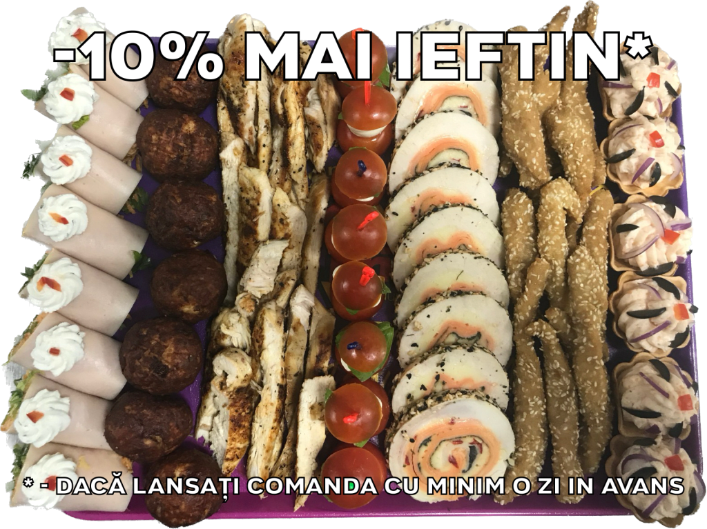 Platou dreptunghiular 05 - contine rulou sunca cu salata cruditati (8 buc), chiftelute pui/porc (7 buc), piept de pui la gratar julienne (200g), frigarui capresse (8 buc), rulada de pui (9 felii), gujoane pesmet cu susan de pui/porc (12 buc), cosulete cu icre de crap (6 buc) - recomandare de consum 4-5 persoane - 217 lei. Pretul afisat este cel cu reducerea de 10% aplicata.