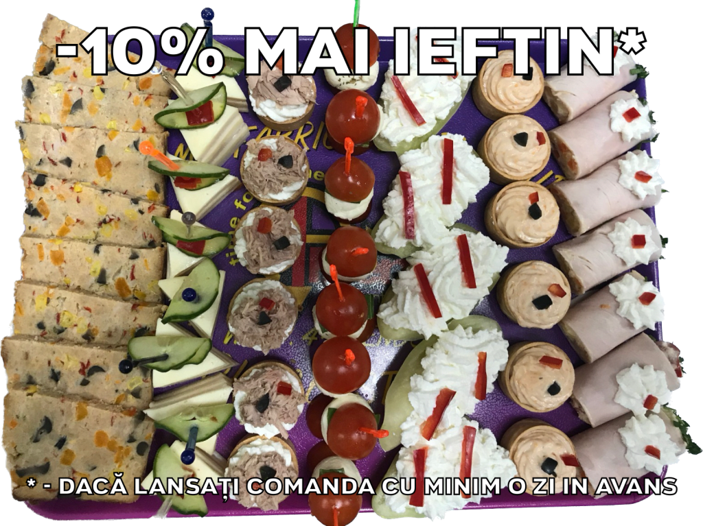 Platou dreptunghiular 29 - contine chec aperitiv de pui (8 felii), dobos (8 buc), cosulete cu ton si crema de branza (6 buc), frigaruie capresse (8 buc), barcuta de ardei cu crema de branza (5 buc), cos cu icre de crap (6 buc), rulou de sunca de pui cu salata de cruditati (7 buc) - recomandare de consum 4-5 persoane - 216 lei. Pretul afisat este cel cu reducerea de 10% aplicata.