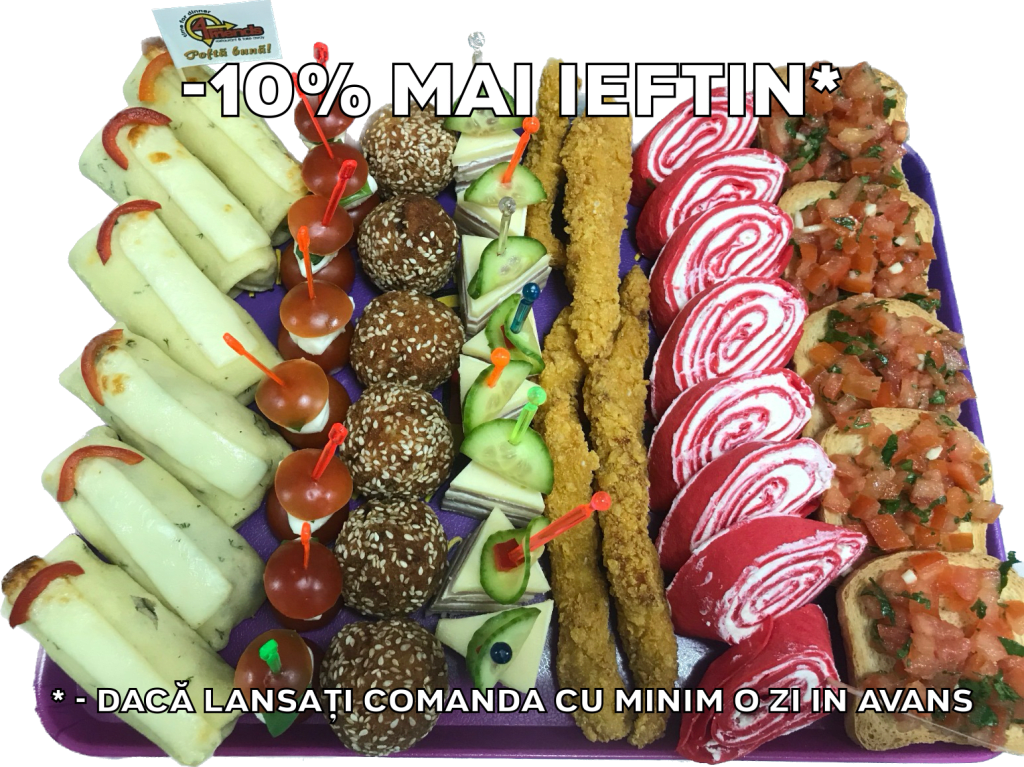 Platou dreptunghiular 02 - contine clatita de pui gratinata (6 buc), frigarui capresse (8 buc), chiftelute cu susan de pui/porc (6 buc), dobos (8 buc), gujoane crocante de pui/porc (9 buc), rulada de sfecla cu crema de branza (8 felii), bruschete (5 buc) - recomandare de consum 4-5 persoane - 211 lei. Pretul afisat este cel cu reducerea de 10% aplicata.