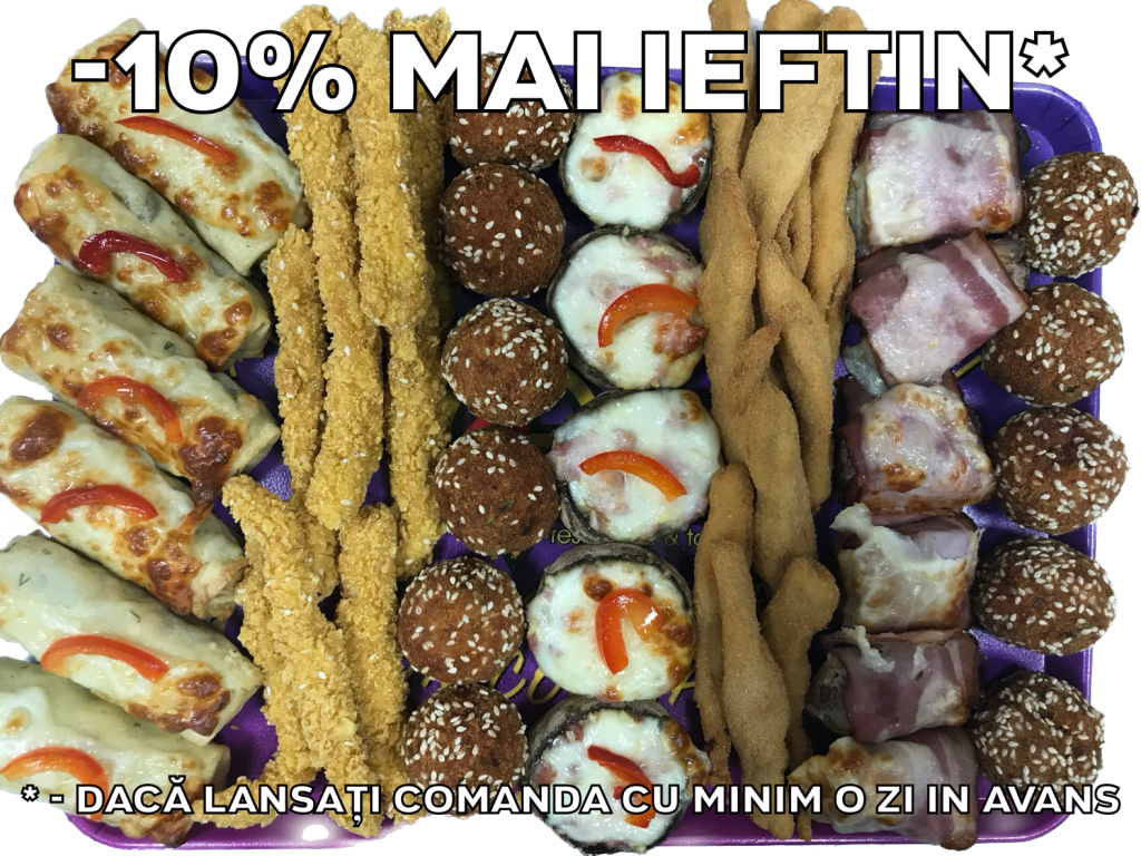 Platou dreptunghiular 21 - contine clatita de pui gratinata (6 buc), gujoane de pui/porc crocante (9 buc), chiftelute de pui/porc cu susan (6 buc), ciuperci cu/fara bacon gratinate (5 buc), gujoane de pui/porc pesmetate (9 buc), ficatei de pui cu bacon (6 buc), chiftelute de pui/porc cu susan (6 buc ) - recomandare de consum 4-5 persoane - 189 lei. Pretul afisat este cel cu reducerea de 10% aplicata.