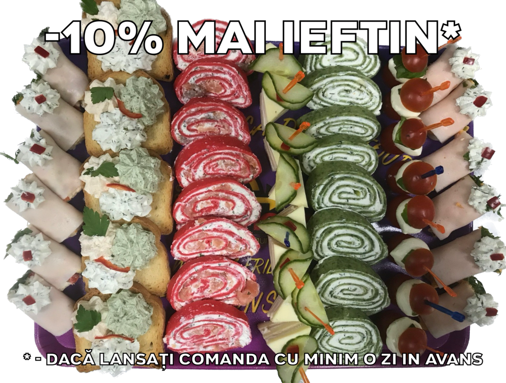 Platou dreptunghiular 26 - contine rulou de sunca presata cu salata de cruditati (6 buc), tartina cu 3 creme de branza (5 buc), clatita de sfecla rosie cu crema de branza si somon fume (8 felii), dobos (8 buc), rulada de spanac cu crema de branza (8 felii), frigarui capresse (8 buc), rulou de sunca presata cu salata a la russe (6 buc) - recomandare de consum 4-5 persoane - 213 lei. Pretul afisat este cel cu reducerea de 10% aplicata.