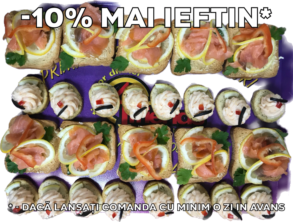 Platou dreptunghiular 13 - contine tartine cu icre de crap (16 buc), tartine cu somon fume (10 buc) - recomandare de consum 4-5 persoane - 221 lei. Pretul afisat este cel cu reducerea de 10% aplicata.