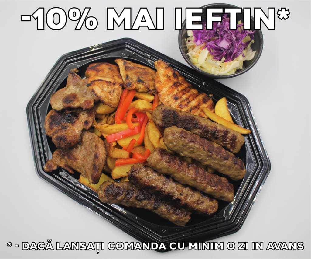 Platou rapid 1 mixt – contine mici vita-porc, ceafa la gratar, piept de pui la gratar, cartofi wedges, salata de varza alba cu varza rosie - recomandare de consum 3 persoane - 113 lei. Pretul afisat este cel cu reducerea de 10% aplicata.