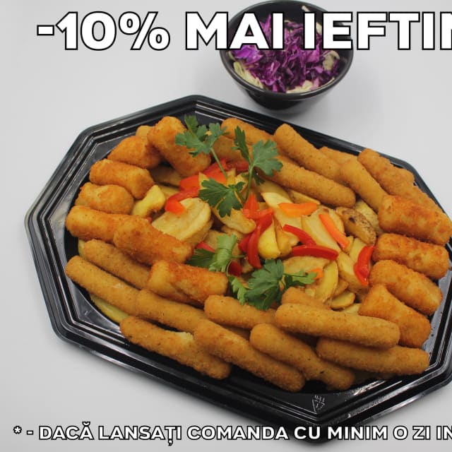 Platou rapid 10 ovo-lacto-vegetarian - contine gujoane de mozzarella, crochete de cartofi, gouda sticks, cartofi wedges, salata de varza alba si varza rosie - recomandare de consum 3 persoane - 109 lei. Pretul afisat este cel cu reducerea de 10% aplicata.
